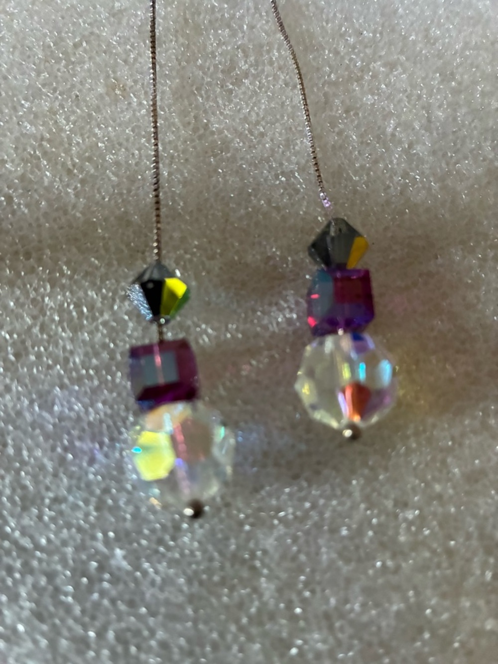 Silver Drop Crystal Threader Earrings with Purple and Iridescent Beads - Picture 2 of 3